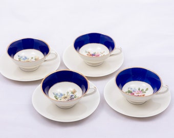 Spring meadow - Vintage 4 person coffee set - Vintage RM porcelain - Cobalt & gold - Flower details - Made in Czechoslovakia - '60s