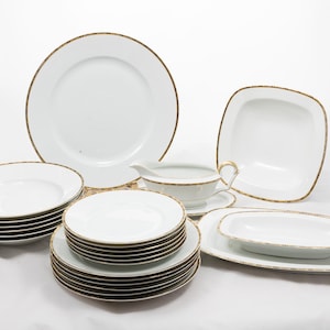 Art-deco dreams - Antique 6 person plate set - Dinnerware service - Alt-Schönwald Bavaria gdr - Elegant white black and gold - From the &#39;20s