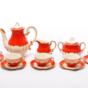 Scarlet riches - Vintage Zsolnay Pécs porcelain - White and red 5 person coffee set with gold plating  - From the &#39;40s - Made in Hungary