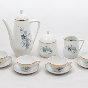 Black Bouquet - Vintage Hollohaza porcelain - 4 person coffee set - Hungary - '60s