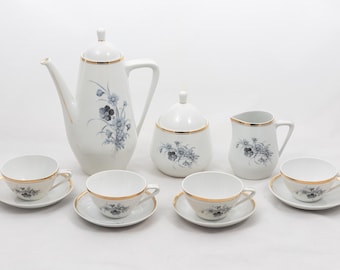 Black Bouquet - Vintage Hollohaza porcelain - 4 person coffee set - Hungary - '60s