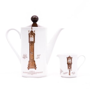 Horology - Vintage Porcelain coffee pot & milk jug creamer - Mitterteich bavaria - Antique clock watch history motifs - Germany GDR &#39;60s