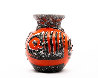 Espinas de pescado - Jarrón de cerámica - Cerámica artística hecha a mano - Decoración vintage para el hogar - negro y naranja - Desde los años 50 - Hecho en Hungría