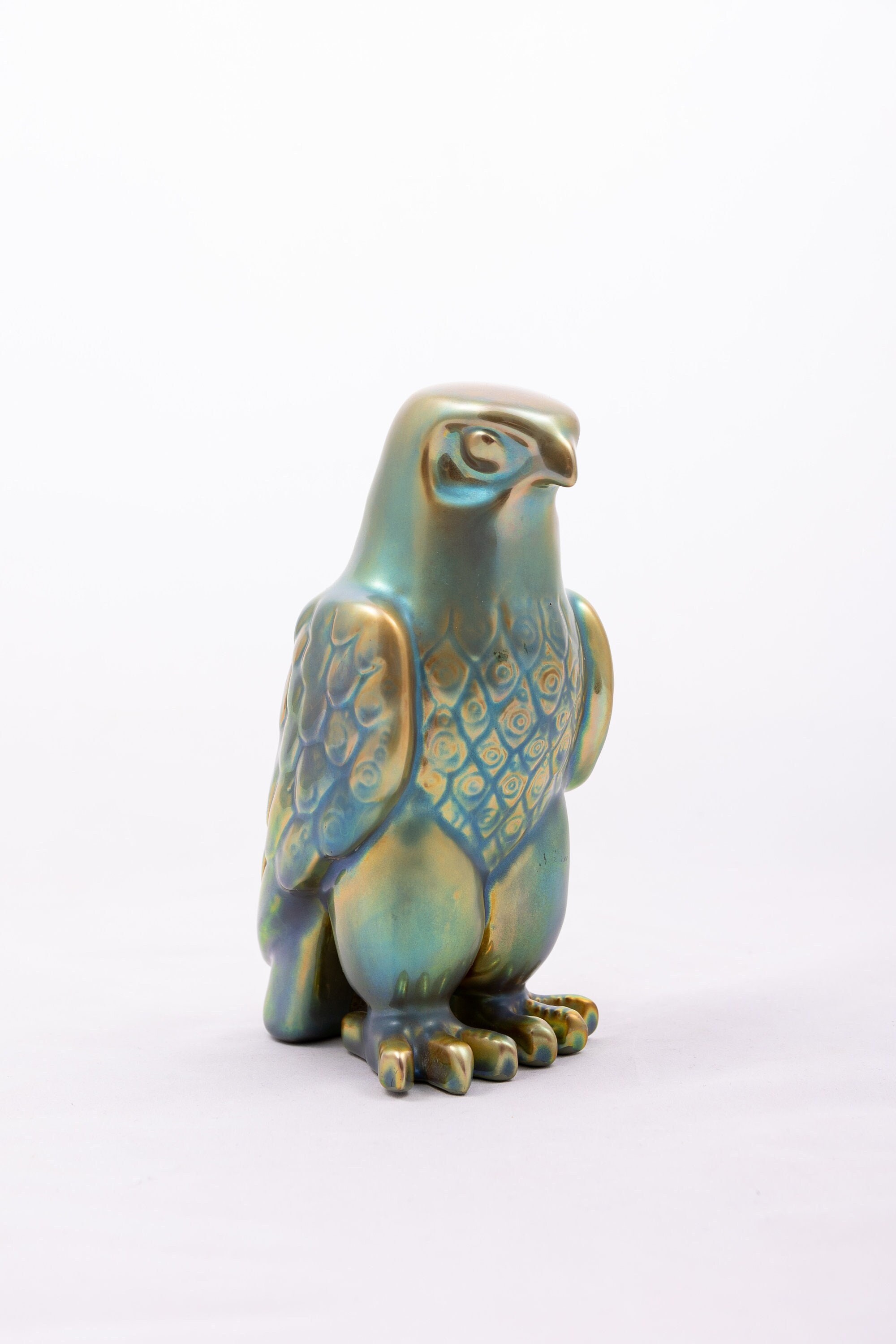 Eosin falcon - Rare Zsolnay Pecs porcelain figurine - By Judit Nador - Special eozin glazing - art deco mcm animal figure - From the '90s