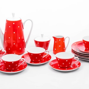 Red polka dots - Kahla Germany 6 person coffee set with pastry plates - Vintage porcelain - From the &#39;60s - Mid century modern design