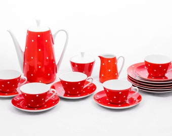 Rote Punkte - Kahla Germany 6-Personen Kaffeegedeck mit Gebäcktellern - Vintage Porzellan - Aus den 60er Jahren - Mid Century Modern Design