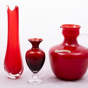 Red complimenters - Vintage Murano vases in red - Mid century modern - Murano Viking Opalina Fiorentina - Mcm home decor - Italy Gdr '60s