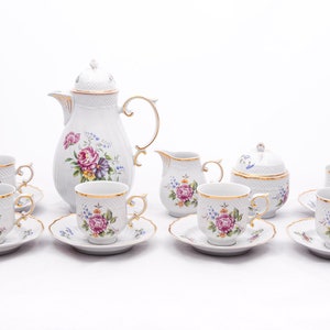 Morning-glory - Vintage Hollohaza Hungary porcelain - Baroque style bohemian coffee set serving - Gold plated painted &#39;90s