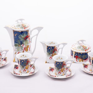 Silent night - Hollohaza tea service - By Lilla Duray - Rare set for 4 - Hollohaza V.S.Q.P. collection - Made in Hungary - With 21k. gold