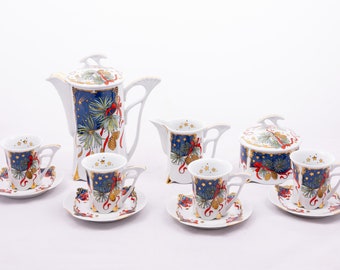 Silent night - Hollohaza tea service - By Lilla Duray - Rare set for 4 - Hollohaza V.S.Q.P. collection - Made in Hungary - With 21k. gold