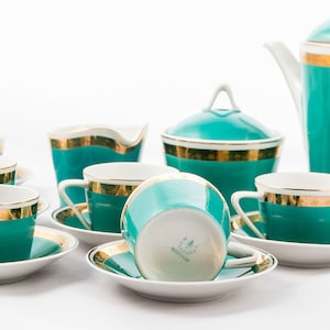 Classic Mint green and gold - Vintage -  Art-Deco Hollohaza Porcelain - Coffee or tea set - From the '60s - Made in Hungary