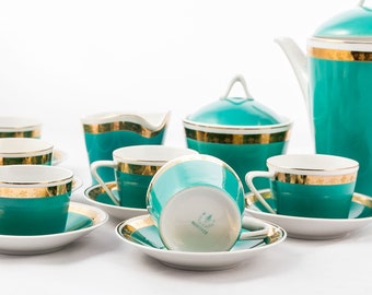 RESERVED - Classic Mint green and gold - Vintage -  Art-Deco Hollohaza Porcelain - Coffee or tea set - From the '60s - Made in Hungary