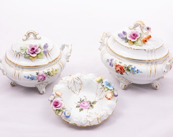 Set di cofanetti per gioielli Dresda - Porcellana antica di Von Schierholz Plaue - Con pizzo floreale - Secessionista vittoriano barocco - Germania 1817