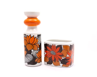 Autumn flower garden - Vintage Hollohaza vase set - Rectangular and tubular shapes - Orange & brown floral motifs - Fine hungarian china 60s