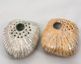 Green & Brown - Pebble ikebana pair - Retro flower frog - Bowl pot planter - Vintage hungarian ceramics - Hand Painted - '60s