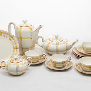 Schotten - Antique Mitterteich porcelain - 4 person coffee tea mocha set - Art-deco - Hand painted plaid design - '20s - Germany GDR