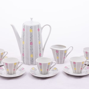Valentine&#39;s roses - Vintage 5 person tea / coffee set - Seltmann Weiden Bavaria gdr - Gray pink yellow - Mid-century modern mcm motifs &#39;70s