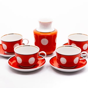 Playful polka dots - Tea cup and saucer set - Vintage Russian porcelain - From the 50s - Hand painted - With dotty motifs - Made in USSR