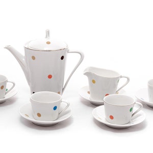 Playful polka dots  - 4 person coffee set - Vintage Hollohaza porcelain - From the &#39;50s - with gold plating and colorful art-deco motifs