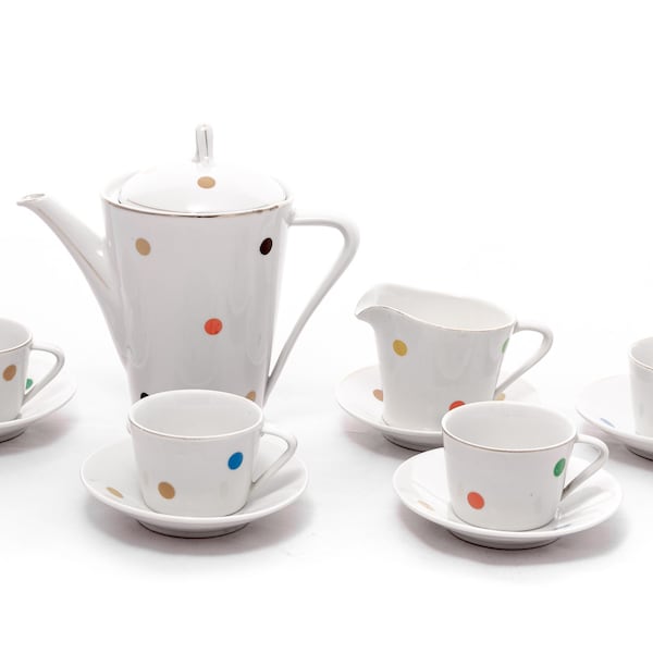 Playful polka dots  - 4 person coffee set - Vintage Hollohaza porcelain - From the '50s - with gold plating and colorful art-deco motifs