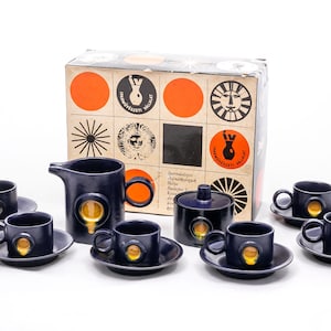 Sunspot - Vintage ceramic 6 person coffee set - Retro oven pottery - Space age mcm design - From the 70s - Handmade in Hungary by Eva Kovacs