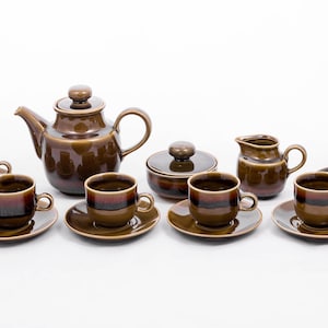 Caramel apple - Vintage 6 person coffee set - Colditz porcelain Bavaria GDR - Shiny dark brown green glaze - From the &#39;70s - Made in Germany