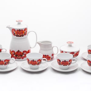 Crimson mandala - Vintage 6 person coffee set - Colditz porcelain GDR - Art-deco motifs - Red & orange From the &#39;60s - Made in Germany
