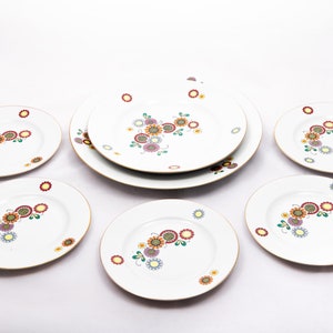 Flower power - Vintage Henneberg &quot;Helena&quot; Germany porcelain - pastry serving plate set - Retro colorful floral motifs motifs - Gold plated