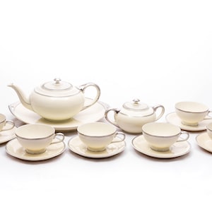 Shimmering silver - Vintage 6 person coffee set - Rosenthal elfenbein porcelain GDR - Minimal silver motifs - From the 60s - Made in Germany