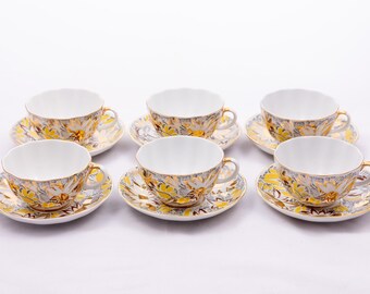 Goldene Kamillen – Kaiserliches Lomonossow-Porzellan – Kaffee-/Tee-Servierset für 6 Personen – handbemalt – hergestellt in der sowjetischen UdSSR – aus den 50er Jahren