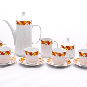 Golden scales - Vintage 6 person coffe set serving - Alfoldi porcelain - Orange red mcm art-deco motifs - From the 60s - Made in Hungary