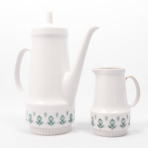 Spring saplings - Porcelain coffee pot & milk jug - Vintage - From the &#39;70s - White - Green - Gold plated - Made in Germany
