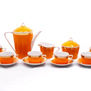 Classic orange and gold - Vintage - Art-Deco Hollohaza Porcelain - Retro coffee or tea set - From the &#39;60s - Made in Hungary