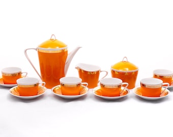 Classic orange and gold - Vintage - Art-Deco Hollohaza Porcelain - Retro coffee or tea set - From the '60s - Made in Hungary