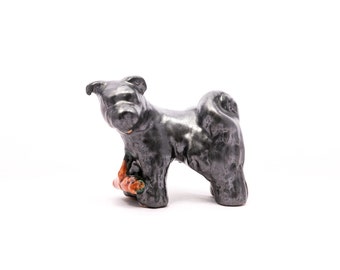 Hungarian puli dog - Vintage Bodrogkeresztur ceramics - Cute puppy - lustery gray black - Hand painted animal figurine - From the '60s