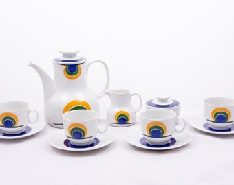 Sunset - Vintage 4 person tea / coffee set - Winterling Bavaria gdr - Blue green yellow - Mid-century modern mcm motifs '70s