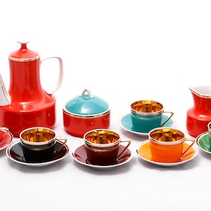 Golden rainbow - Colorful vintage 6 person Hollohaza porcelain - Rare gold plated coffe set from Hungary - Made in the &#39;60s