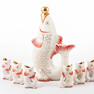Fishy flask - Vintage Russian Porcelain - Set of 6 white and red fish shot glasses and flask - Hand painted - From the &#39;70s - Made in USSR