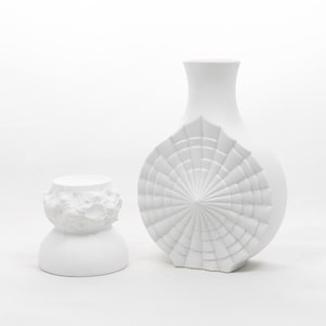 Seashells - Vase & candle holder duo - Kaiser fossils - Hartporzellan Rheinpfalz - White porcelain - Matte finish - &#39;70s West Germany Gdr