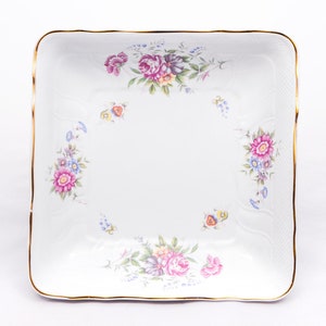 Morning-glory - Vintage Hollohaza Hungary porcelain - Baroque style bohemian serving plate - Square shape - Gold plated painted &#39;90s