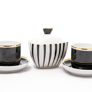 Monochrome tea time - Vintage Hollohaza porcelain - From the &#39;70s - Hand painted in black and white - Gold plated - Made in Hungary