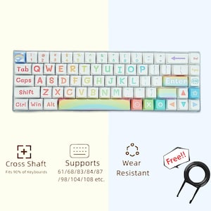 Può includere: Tasti per tastiera arcobaleno con base bianca e lettere color arcobaleno. I tasti sono progettati per adattarsi a tastiere a 61, 68, 83, 84, 87, 98, 104 e 108 tasti. I tasti sono realizzati in un materiale resistente e resistente all'usura. L'immagine mostra anche uno strumento di estrazione dei tasti.