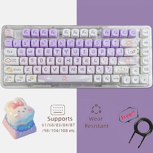 Purple Gradient Rabbit Keycap Set, Anime Keycaps Set, Cute Bunny Keycaps Set, Mechanical Keyboard Anime Keycaps, MOA PBT 142 Keycaps Set