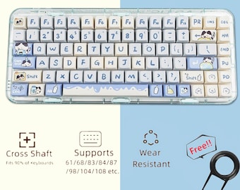 Conjunto de teclas azules de gato de vaca, conjunto de teclas de gato lindo, conjunto de teclas 140 MDA, conjunto de teclas de anime, conjunto de teclas artesanales de teclado mecánico