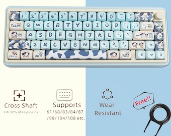 Cute Cow Blue Keycaps Set, Milk Cow Graffiti Keycaps, Kawaii Anime Keycaps Set, Cherry Artisan Keycaps Set, 142 MOA Blue Gradient Keycap Set