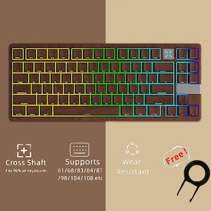 Könnte beinhalten: Eine Holztastatur mit regenbogenfarbenen LED-Leuchten. Die Tastatur hat ein Kreuzwellen-Design und unterstützt 61/68/83/84/87/98/104/108 Tastenlayouts. Die Tastatur ist verschleißfest und wird mit einem kostenlosen Keycap-Entferner geliefert.