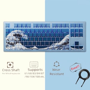 May include: A blue keyboard cover with a Great Wave off Kanagawa design. The cover is compatible with 61, 68, 83, 84, 87, 98, 104, and 108 key keyboards. The cover is cross shaft compatible and wear resistant. A free keycap puller is included.