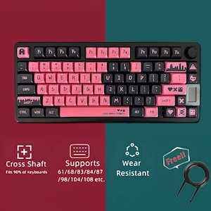 May include: Black mechanical keyboard with pink and black keycaps. The keyboard has various symbols and text, including the words "LOVE DEATH + ROBOTS". The keycaps are wear-resistant and support various keyboard sizes.