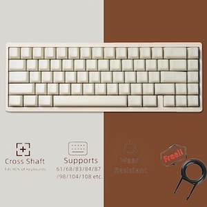 Puede incluir: Un teclado mecánico blanco con un juego de teclas de color crema. El teclado tiene un diseño de eje cruzado y admite diseños de teclado de 61, 68, 83, 84, 87, 98, 104 y 108 teclas. El teclado es resistente al desgaste y viene con un extractor de teclas gratuito.