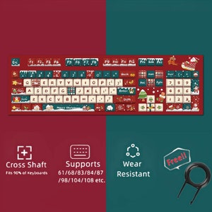 May include: A red and green Christmas-themed keyboard cover with a snowman, reindeer, and Christmas tree designs. The cover fits 61, 68, 83, 84, 87, 98, 104, and 108 key keyboards. It is wear-resistant and includes a keycap puller.